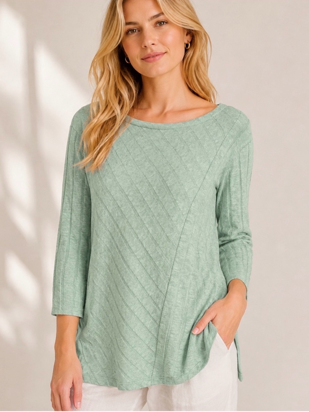 Maeve Diagonal Ribbed Boatneck Tunic in Sage